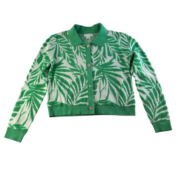 Cynthia Rowley Large L Cardigan Sweater Raised Knit Green Leaf Pattern Collared - Picture 1 of 12